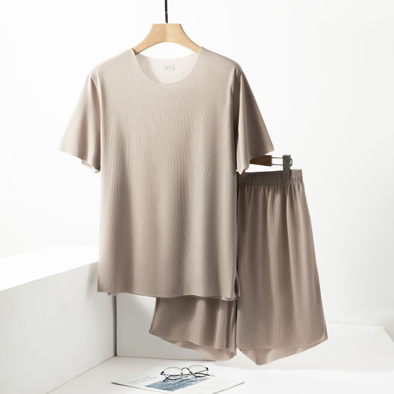 Muški Ice Silk set za kućnu upotrebu, s okruglim izrezom, bez šavova, kratki rukavi i kratke hlače, ultra lagan, prozračan, pogodan za kuću i vanjsku upotrebu, velika veličina.