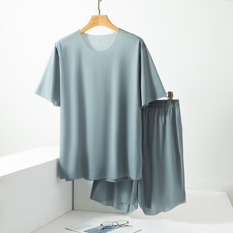 Muški Ice Silk set za kućnu upotrebu, s okruglim izrezom, bez šavova, kratki rukavi i kratke hlače, ultra lagan, prozračan, pogodan za kuću i vanjsku upotrebu, velika veličina.