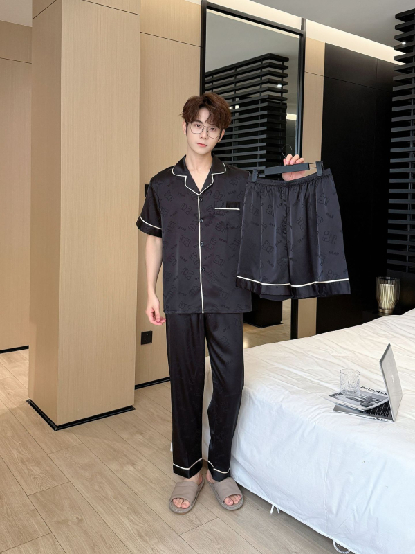 Muški pijama set od ice silk, 3 komada: gornji dio s kratkim rukavima, šorc i dugačke hlače, žakardski uzorak medvjedić, lagana kućna odjeća