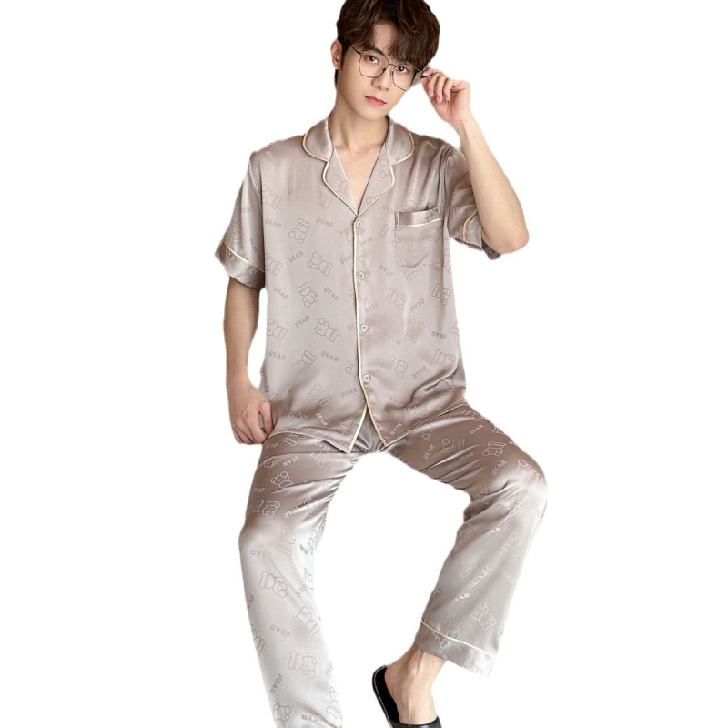 Muški pijama set od ice silk, 3 komada: gornji dio s kratkim rukavima, šorc i dugačke hlače, žakardski uzorak medvjedić, lagana kućna odjeća