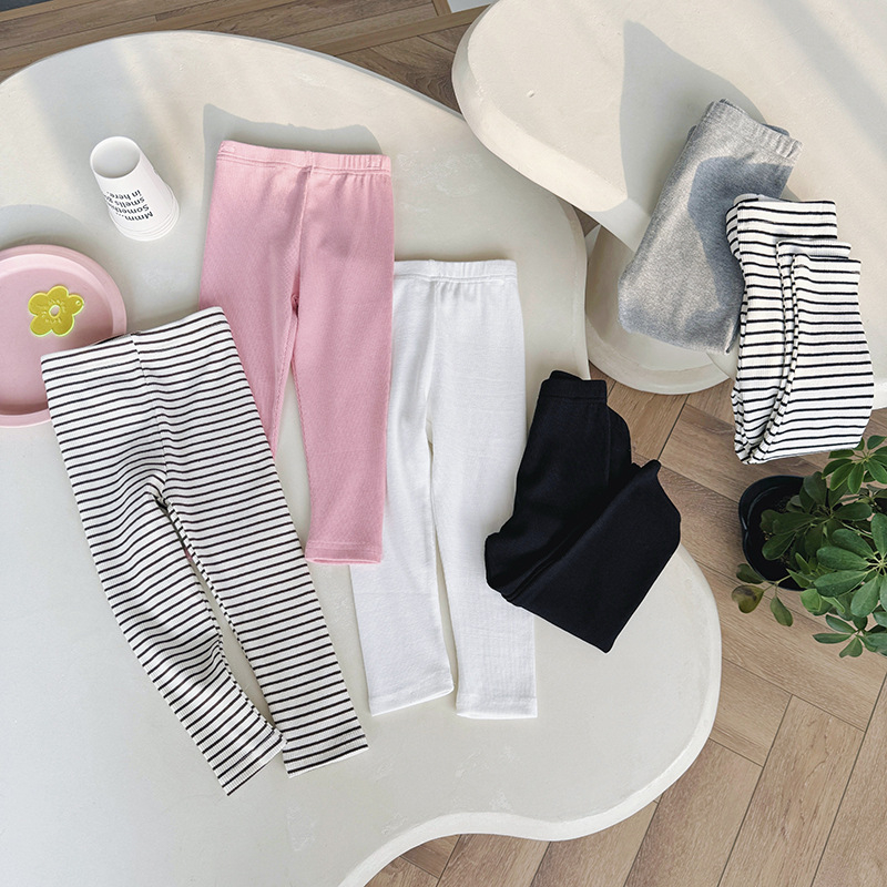 Őszi 2025 Gyerekek pamut csíkos leggings, elasztikus derék, puha felület, 3–8 éveseknek