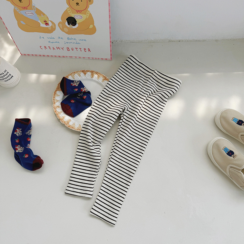 Őszi 2025 Gyerekek pamut csíkos leggings, elasztikus derék, puha felület, 3–8 éveseknek
