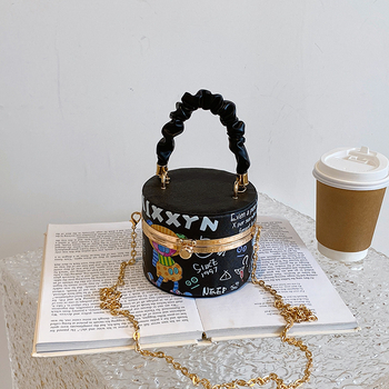 Ženska bucket torba s lancem i kutijom, otisak slova, mini crossbody