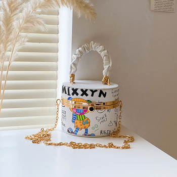 Ženska bucket torba s lancem i kutijom, otisak slova, mini crossbody