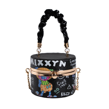 Ženska bucket torba s lancem i kutijom, otisak slova, mini crossbody