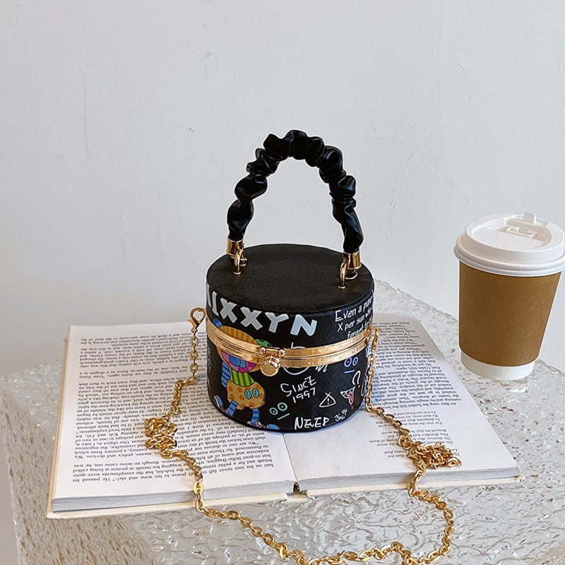 Ženska bucket torba s lancem i kutijom, otisak slova, mini crossbody