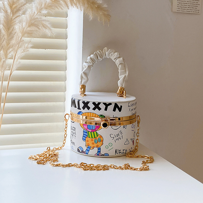 Ženska bucket torba s lancem i kutijom, otisak slova, mini crossbody