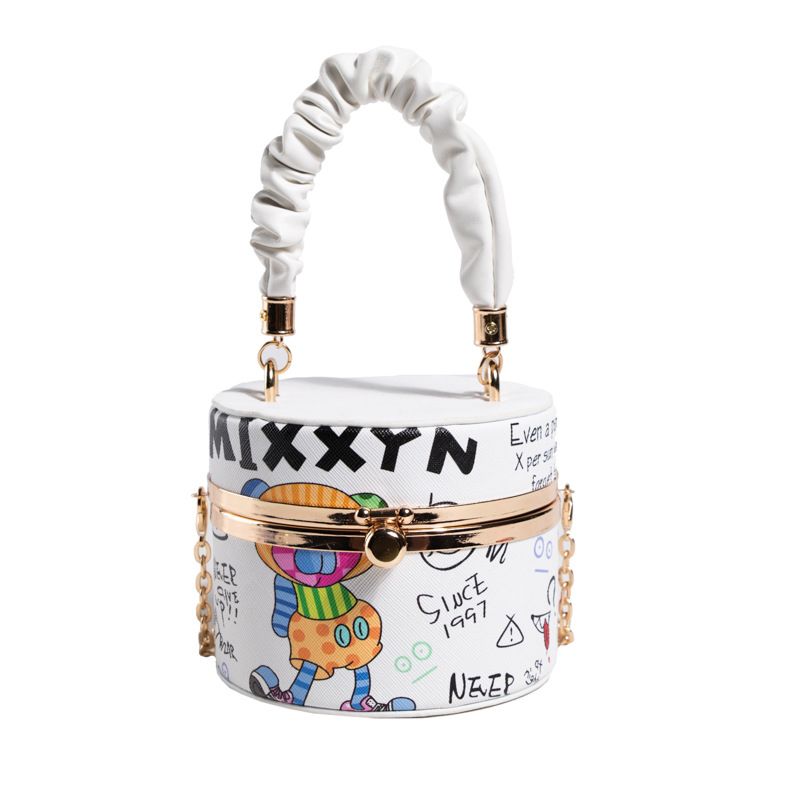 Ženska bucket torba s lancem i kutijom, otisak slova, mini crossbody