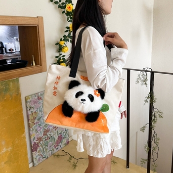 Torba preko ramena s Panda motivom, slatka karikatura na platnenoj torbi za djevojke, studentska dnevna torba, preslatka.