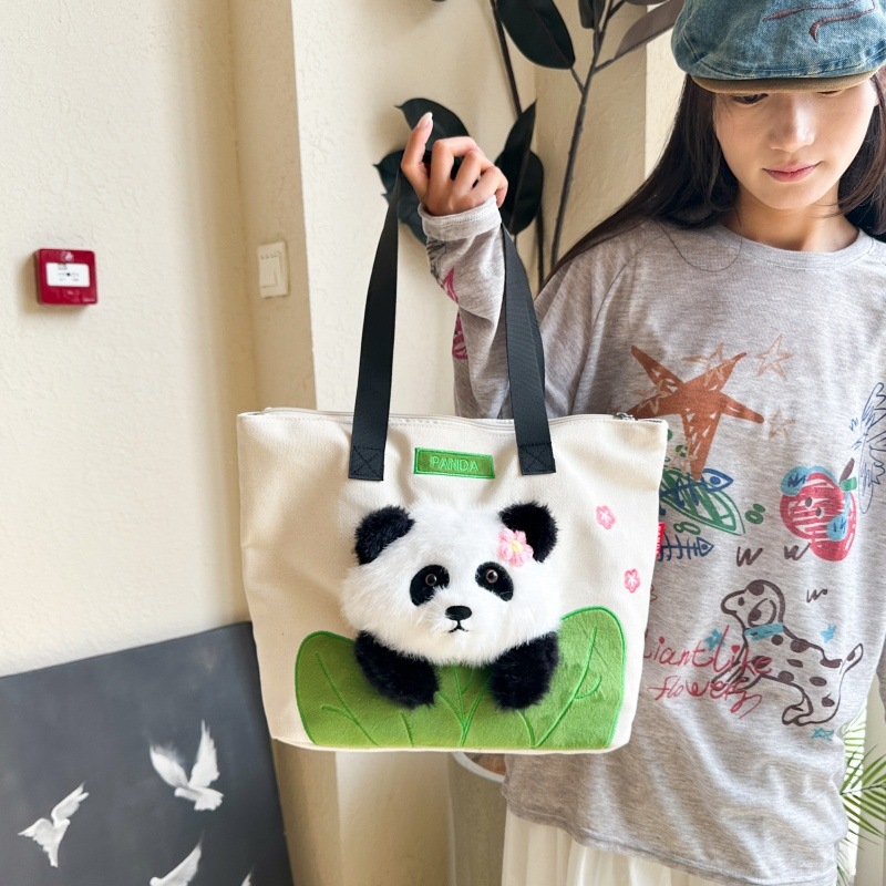 Torba preko ramena s Panda motivom, slatka karikatura na platnenoj torbi za djevojke, studentska dnevna torba, preslatka.