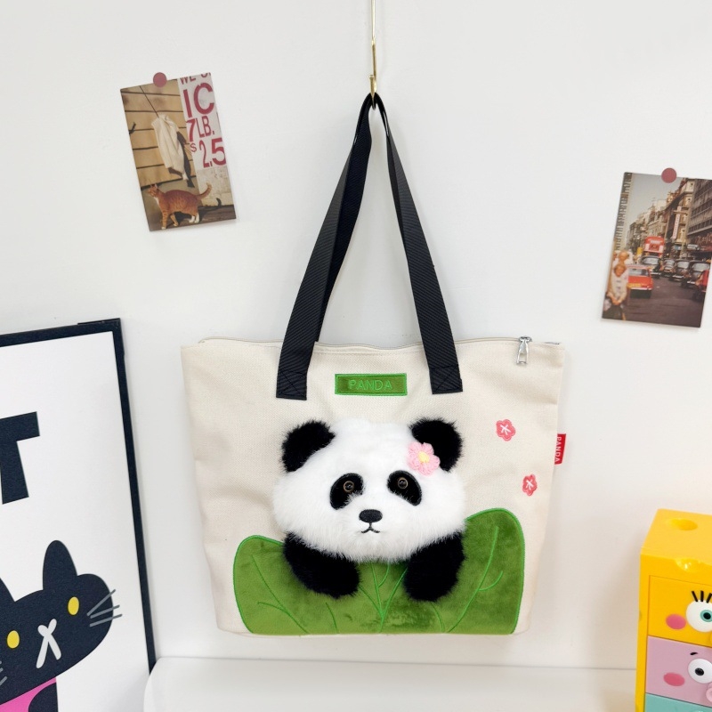 Torba preko ramena s Panda motivom, slatka karikatura na platnenoj torbi za djevojke, studentska dnevna torba, preslatka.