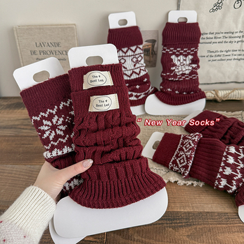Misscucudog Fair Isle mintás lány zoknik, piros, vastag téli gyerek zoknik, ünnepi