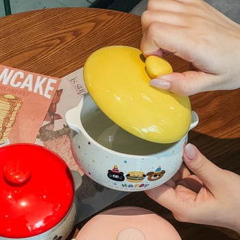 Boluri ceramice cu capac pentru aburirea ouălor, pentru bain-marie și supă, veselă drăguță pentru copii