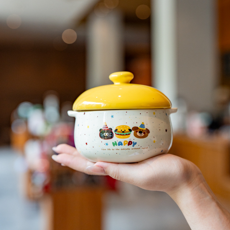 Boluri ceramice cu capac pentru aburirea ouălor, pentru bain-marie și supă, veselă drăguță pentru copii