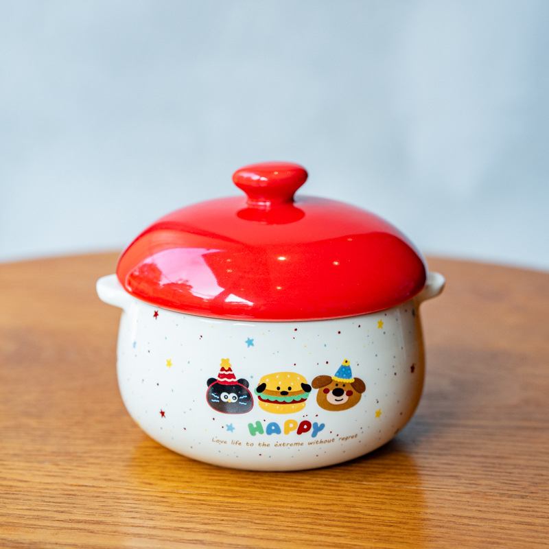 Boluri ceramice cu capac pentru aburirea ouălor, pentru bain-marie și supă, veselă drăguță pentru copii