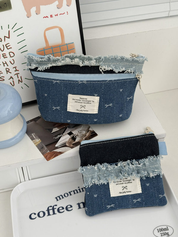 Denim torbica za pohranu s čipkastom mašnicom, za ruž, higijenske uloške i novčiće