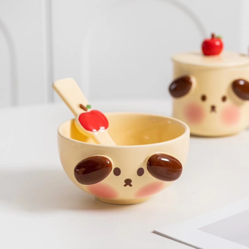 Vas ceramic pictat manual cu fructe, set cu linguriță – design 3D cu animale, pentru copii