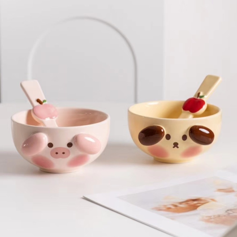 Vas ceramic pictat manual cu fructe, set cu linguriță – design 3D cu animale, pentru copii
