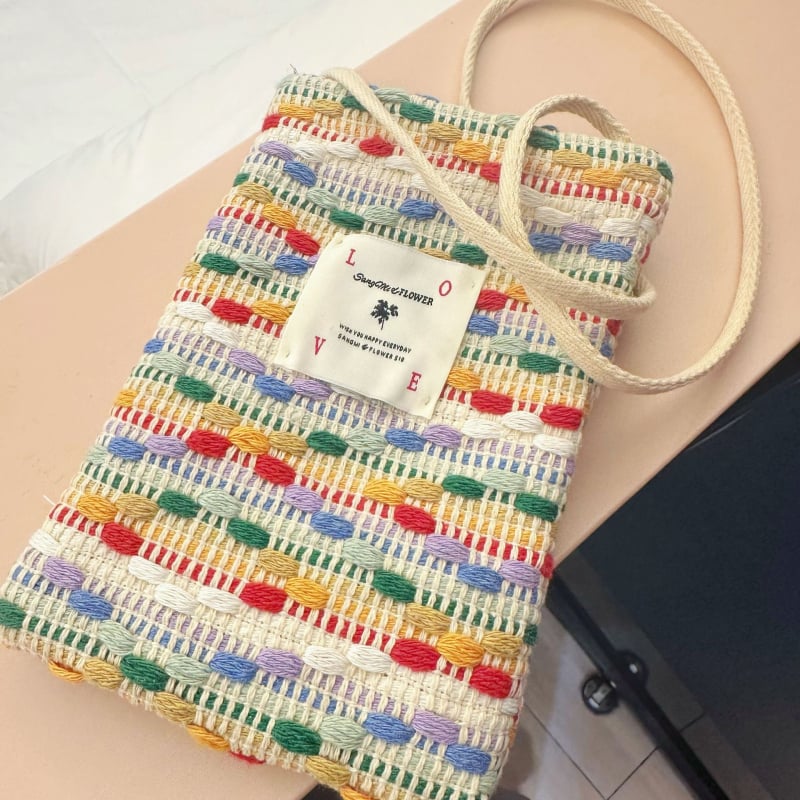 Šarena mini platnena torbica za telefon i kozmetiku, Chanel inspiriran stil, bucket oblik