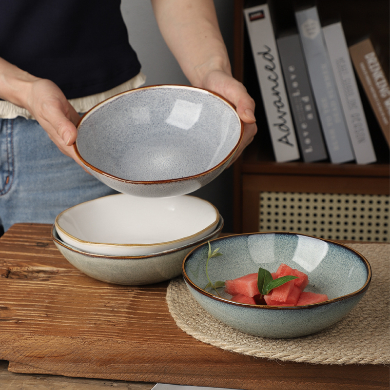 Vas ceramic în stil nordic, bol de salată cu formă neobișnuită, farfurie adâncă, bol de supă din porțelan, retro, practic, cu o imperfecțiune minoră a glazurii