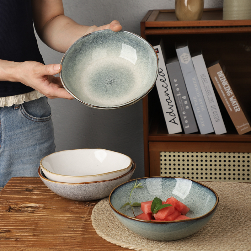 Vas ceramic în stil nordic, bol de salată cu formă neobișnuită, farfurie adâncă, bol de supă din porțelan, retro, practic, cu o imperfecțiune minoră a glazurii