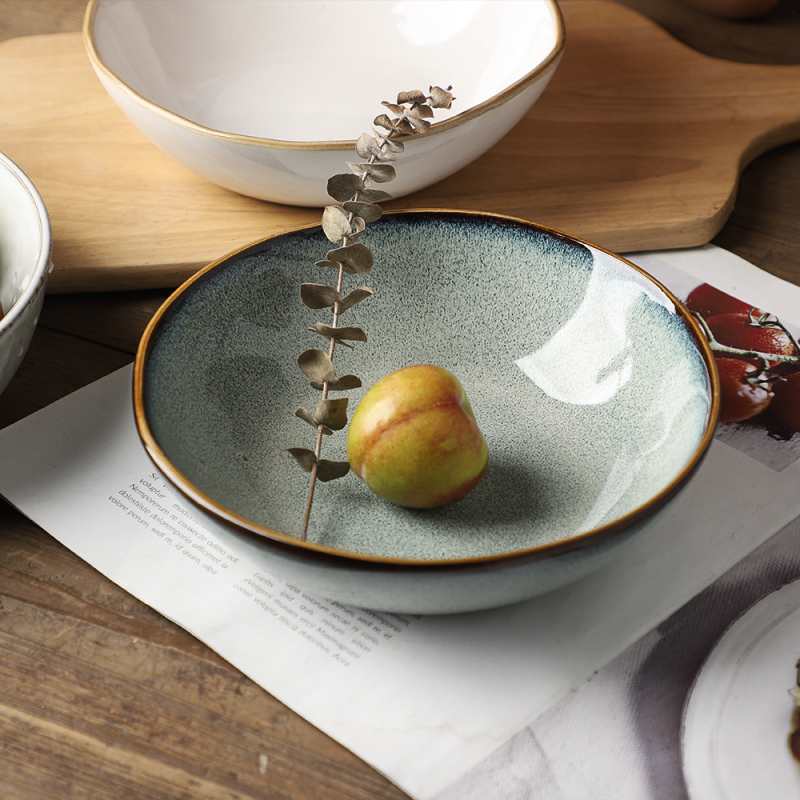 Vas ceramic în stil nordic, bol de salată cu formă neobișnuită, farfurie adâncă, bol de supă din porțelan, retro, practic, cu o imperfecțiune minoră a glazurii