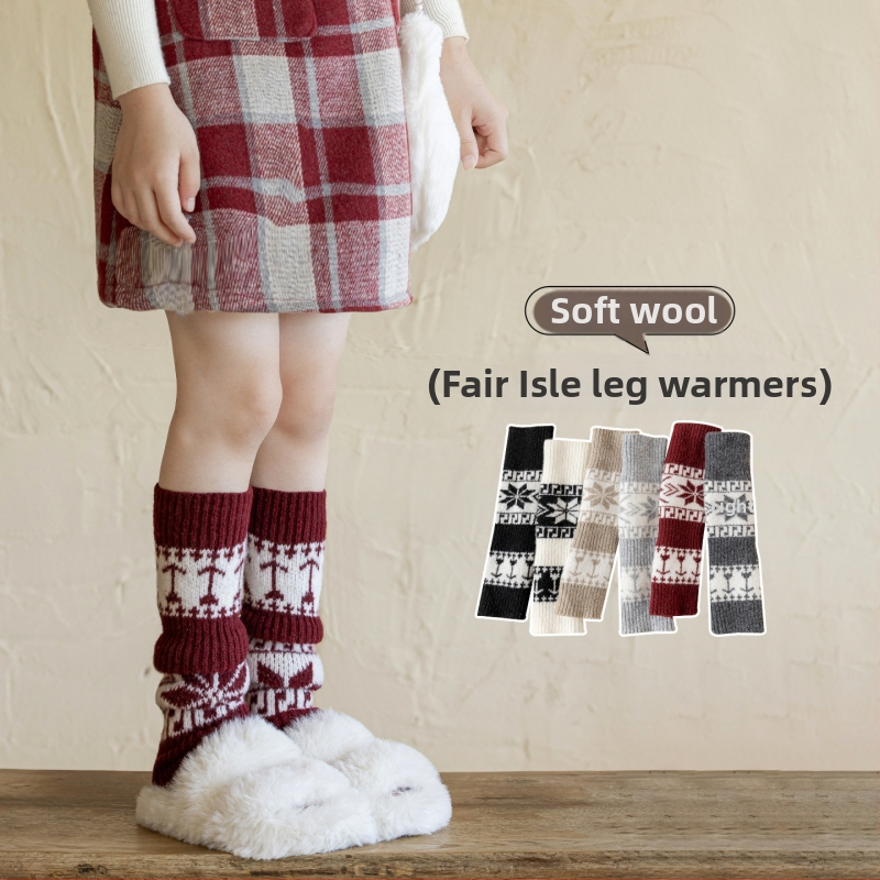 Fair Isle mintás gyerek gyapjú zokni, vastag téli hosszú lábszár zokni, térdvédővel, koreai stílus