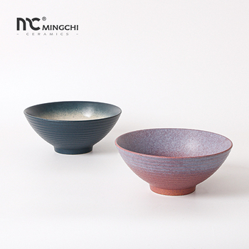 Set de boluri ceramice de 8 inch, cu nervuri, în stil japonez, din porțelan, pentru supă și tăiței; boluri mari pentru salata de fructe