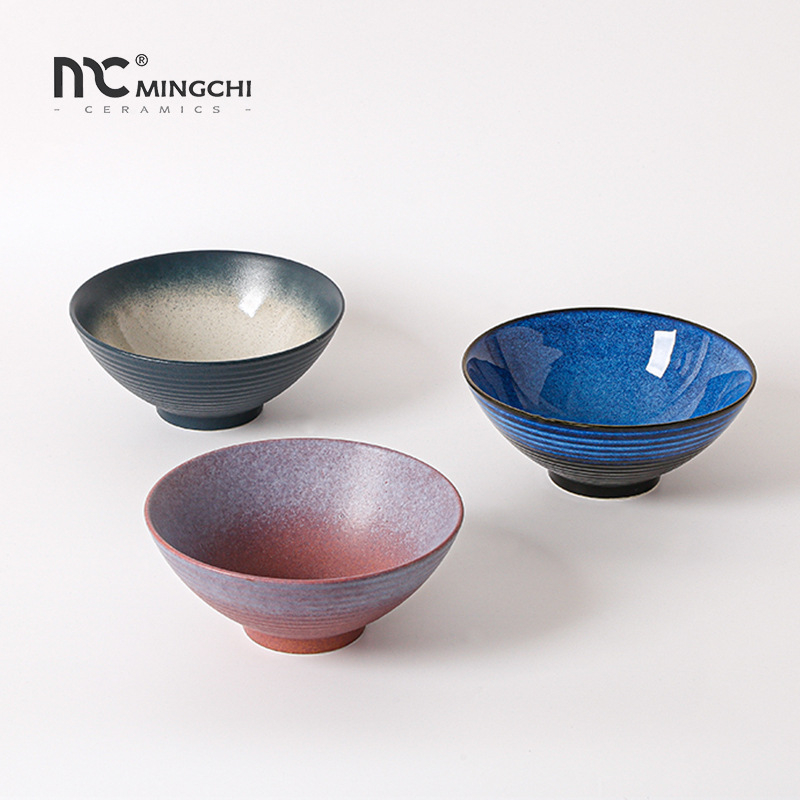 Set de boluri ceramice de 8 inch, cu nervuri, în stil japonez, din porțelan, pentru supă și tăiței; boluri mari pentru salata de fructe