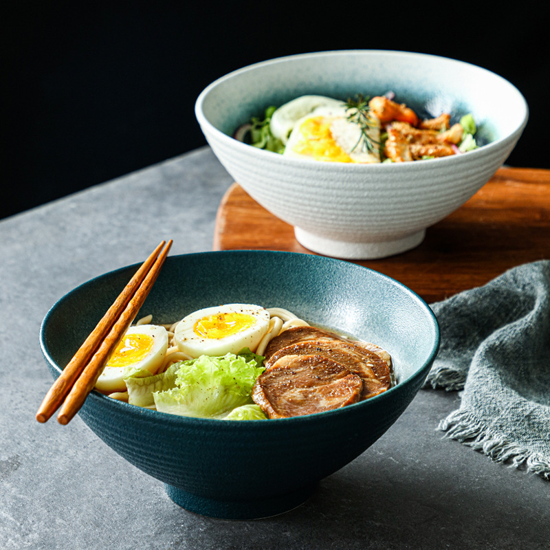 Set de boluri ceramice de 8 inch, cu nervuri, în stil japonez, din porțelan, pentru supă și tăiței; boluri mari pentru salata de fructe