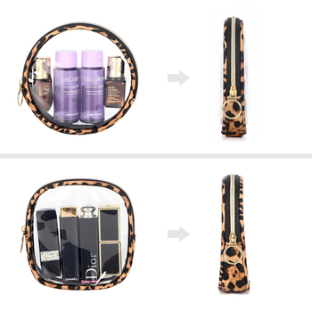 Geantă de machiaj leopard, transparentă, impermeabilă, cu două fețe, pentru ruj și pudră compactă, mică.