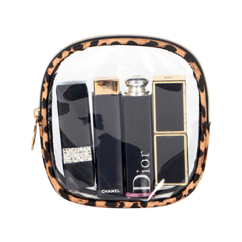 Geantă de machiaj leopard, transparentă, impermeabilă, cu două fețe, pentru ruj și pudră compactă, mică.