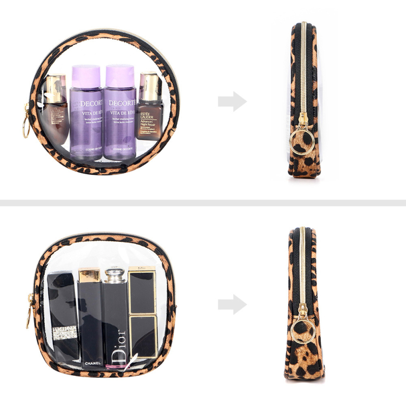 Geantă de machiaj leopard, transparentă, impermeabilă, cu două fețe, pentru ruj și pudră compactă, mică.