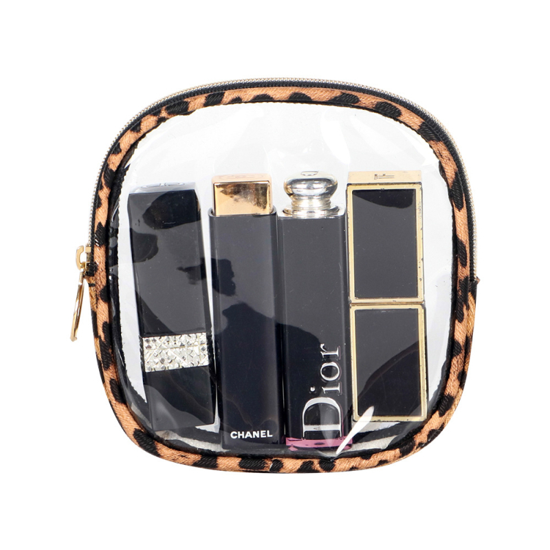 Geantă de machiaj leopard, transparentă, impermeabilă, cu două fețe, pentru ruj și pudră compactă, mică.