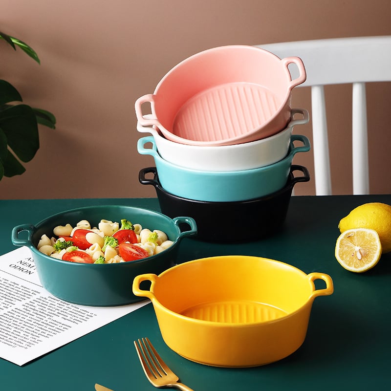 Bol de porțelan cu două mânere, rotund, compatibil cu microundele, bol versatil pentru salate și supe, în stil minimalist nordic, pentru adulți