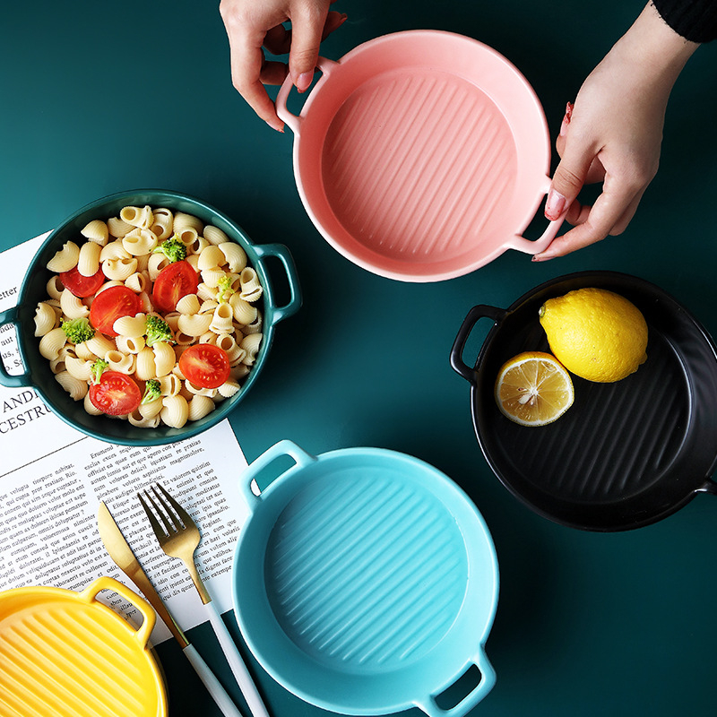 Bol de porțelan cu două mânere, rotund, compatibil cu microundele, bol versatil pentru salate și supe, în stil minimalist nordic, pentru adulți
