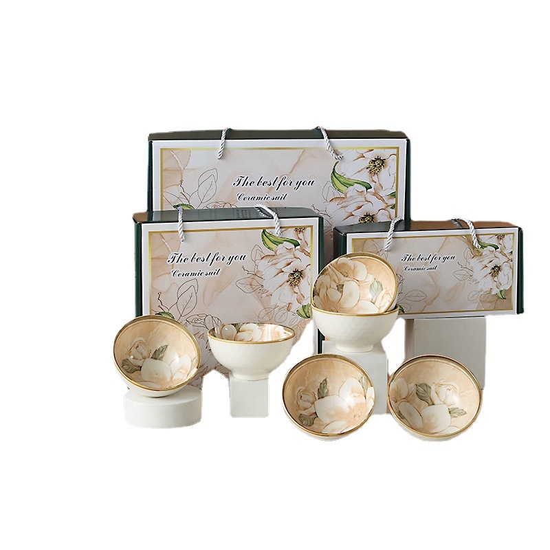 Set de boluri din porțelan cu camelia — farfurii de servire moderne, diametrul 10-11 cm, potrivit pentru microunde