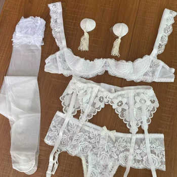 FQ2618 Bijeli čipkasti grudnjak s umetkom i podrškom, set ženskog donjeg rublja s srednjim strukom