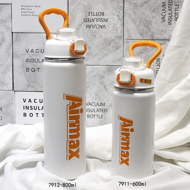 Termos din oțel inoxidabil, capacitate mare, design minimalist sportiv, pentru elevi.