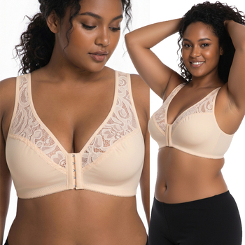 Plus-size seksi grudnjak bez žice, čipkasti paneli, push-up, prozračan materijal, prednje zatvaranje