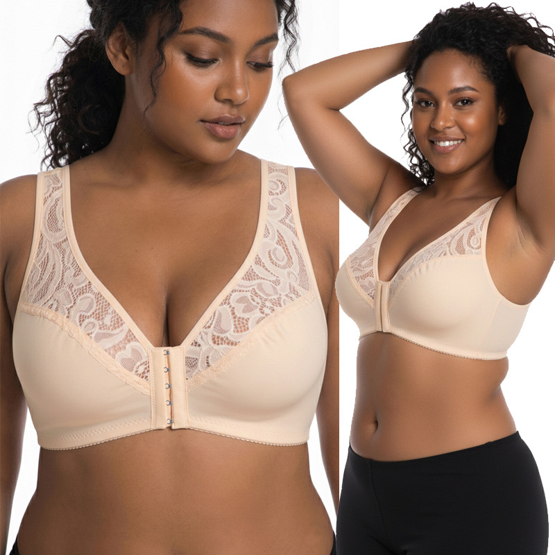 Plus-size seksi grudnjak bez žice, čipkasti paneli, push-up, prozračan materijal, prednje zatvaranje