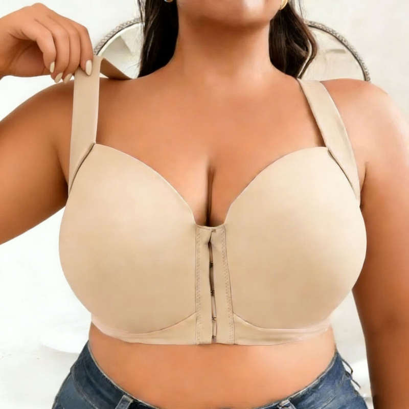 Plus-size grudnjak s prednjim kopčanjem, push-up, potpuno šalice s umetkom, protiv opuštanja, bočna potpora, prozračan materijal