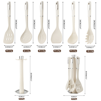 Set din silicon pentru bucătărie, 7 piese: spatulă, lingură, lingură de supă, cu mânere din nailon și PP