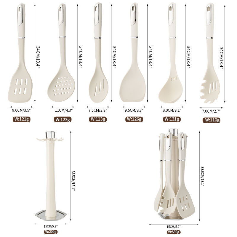 Set din silicon pentru bucătărie, 7 piese: spatulă, lingură, lingură de supă, cu mânere din nailon și PP