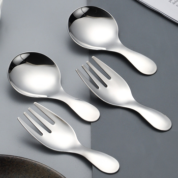 Set de lingură și furculiță din oțel inoxidabil pentru copii, mâner scurt, cap rotund, design scoică, tacâmuri drăguțe pentru înghețată și deserturi