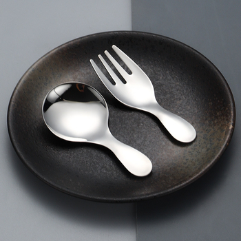 Set de lingură și furculiță din oțel inoxidabil pentru copii, mâner scurt, cap rotund, design scoică, tacâmuri drăguțe pentru înghețată și deserturi