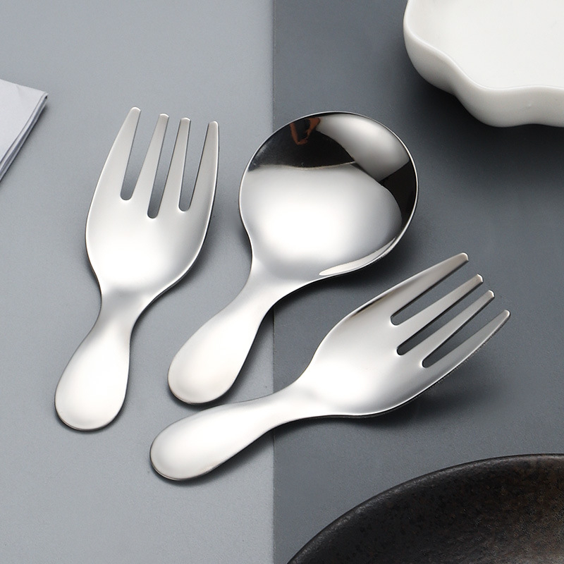 Set de lingură și furculiță din oțel inoxidabil pentru copii, mâner scurt, cap rotund, design scoică, tacâmuri drăguțe pentru înghețată și deserturi