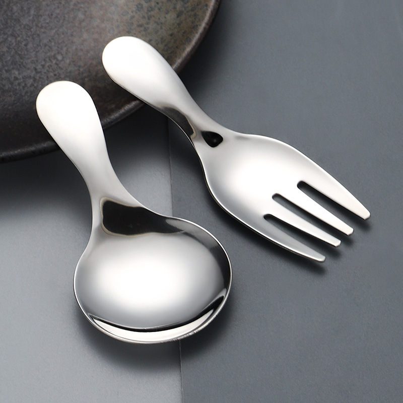Set de lingură și furculiță din oțel inoxidabil pentru copii, mâner scurt, cap rotund, design scoică, tacâmuri drăguțe pentru înghețată și deserturi