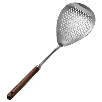 Lingură de strecurare din oțel inoxidabil 316, de calitate alimentară, cu mâner din lemn