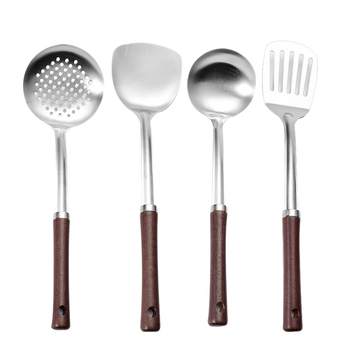 Set de patru piese din oțel inoxidabil cu mâner din lemn: spatulă și lingură pentru prăjit, sită mare și sită pentru ramen
